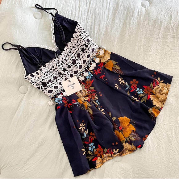Navy Blue Floral Romper - Picture 2 of 2